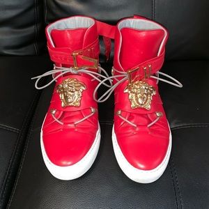 Authentic Red Leather Versace High Top Sneakers